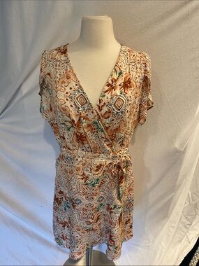 Black Tape_ Floral Wrap Dress in Cream, Brown and Teal